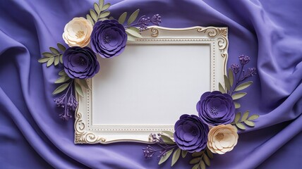 Elegant white frame with purple fabric and decorative flowers for photography or design projects with luxury