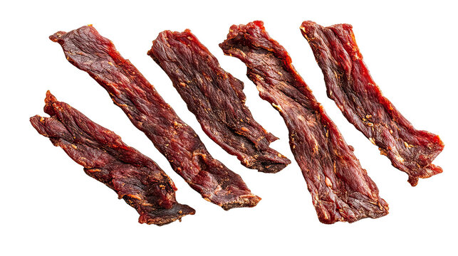 Six pieces of beef jerky on transparent background
