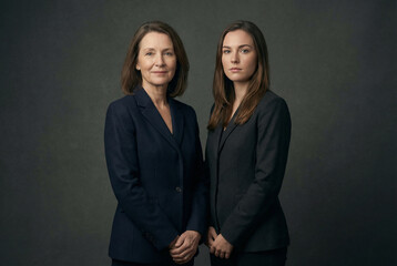Studio portrait of two confident businesswomen, senior and junior, standing together. Concept of mentorship, family business, and female leadership.