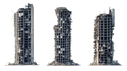 Destroyed skyscrapers, urban decay, 3d render