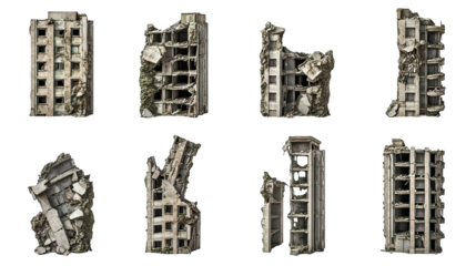 Collection of damaged buildings, urban decay, black and white