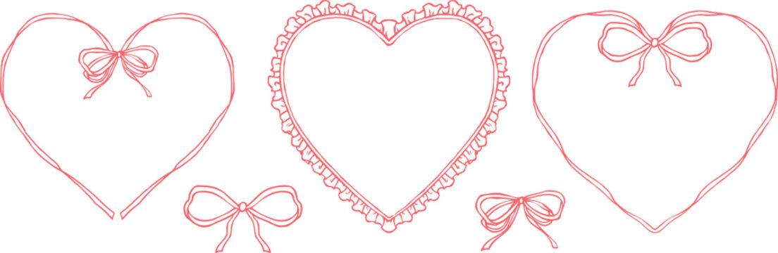 Vintage hand drawn heart ribbon illustration set, engraving sketch decorative frames and bows for Valentine's day and wedding design