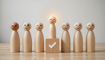 Employee sentiment analysis and talent recruitment concept with wooden figures and glowing check mark for human resources dashboard website banner