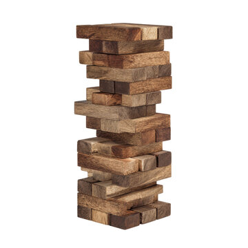 Stacked wooden blocks tower game precariously balanced on black background image