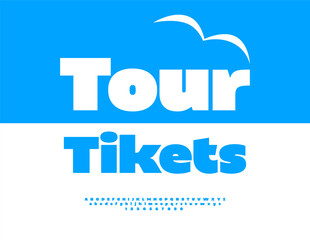 Vector Travel emblem Tour Tickets. Typography Blue Font for Digital Branding and Creative Design. Bold set of Alphabet Letters and Numbers