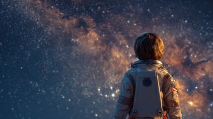 Naklejka premium Back view of a kid in an astronaut costume looking at the stars, space career aspirations. 