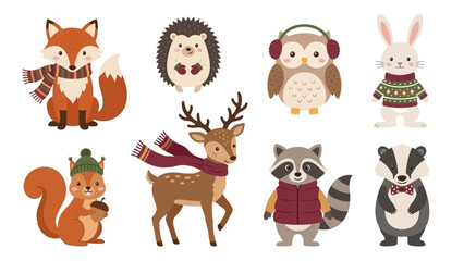 Fototapeta premium Cute Woodland Animals in Winter Attire Collection.