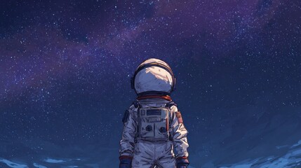 Back view of a kid in an astronaut costume looking at the stars, space career aspirations. 