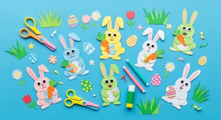 Colorful paper bunnies and Easter eggs are arranged with craft supplies.