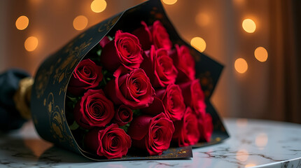 Large Red Rose Bouquet with Bokeh Lights
