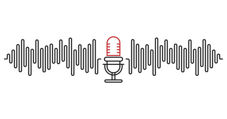 Clean line illustration of a microphone with symmetric audio waveform on white background