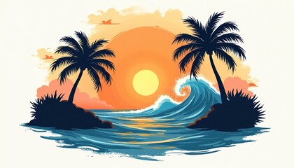 Obraz premium Palm trees on islands flank ocean waves crashing near shore. Sun sets creating orange glow over blue water. Tropical beach scene illustrates summer vacation vibes.