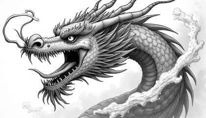 Detailed illustration of Chinese dragon head with sharp teeth, horns, emitting smoke mist. Creature open mouth, showing forked tongue, with intense eyes, flowing mane. Scaly body curves behind head.