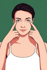Young woman showing her clear skin and eyes, facial massage and beauty treatment illustration.