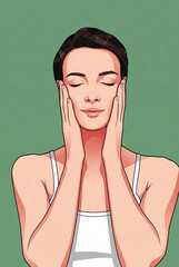 Illustration of a woman touching her face with eyes closed for skincare concept.