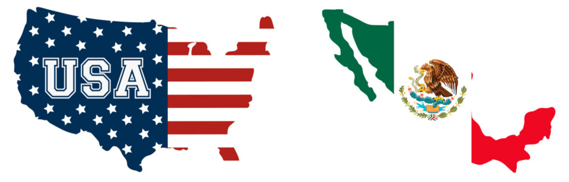 United States and Mexico border on world map with national flags, USA Mexico boundary and cross border migration, illegal immigration and border security concept