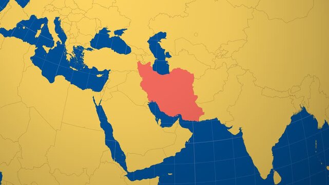 Iran on Globe. Animated zoom into the country in Ocean Blue Golden Yellow color palette. Iran logo animation. Map with meridians, parallels. Alive video.