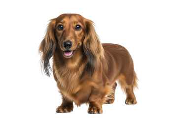 A brown long-haired dachshund standing isolated on transparent background with a happy expression on its face and tongue out