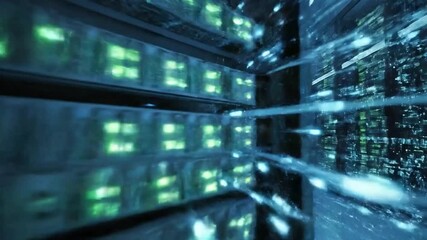 Abstract digital data flow in server room futuristic technology concept for network and big data visualization motion. - Powered by Adobe