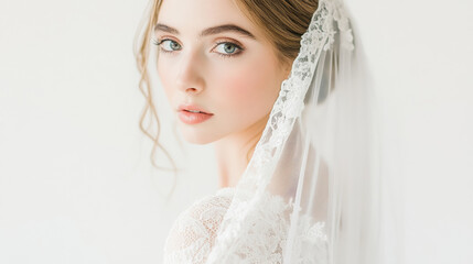 Bride in Lace Veil Looking Over Shoulder