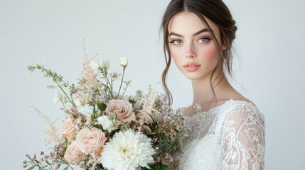 Bride with Bouquet of White and Pink Flowers in Lace Dress