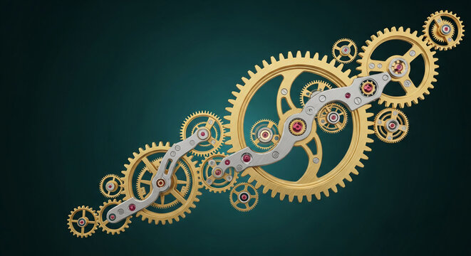 Image of golden gear mechanism against teal backdrop, forming a complex design, representative of precision, engineering, time, and mechanical operation