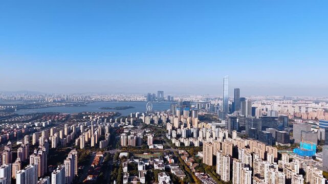 Panoramic aerial view of the skyline of Jinji Lake, Suzhou, Jiangsu Province, China