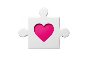 A white puzzle piece with a pink heart cut out isolated on transparent background