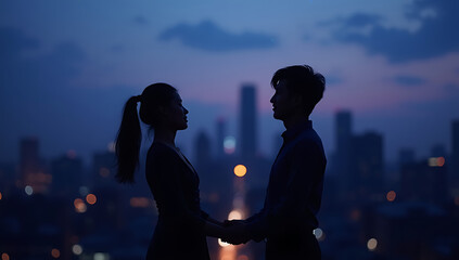 Romantic Couple Silhouette Overlooking Cityscape