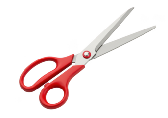 A pair of red handled scissors with sharp silver blades isolated on transparent background