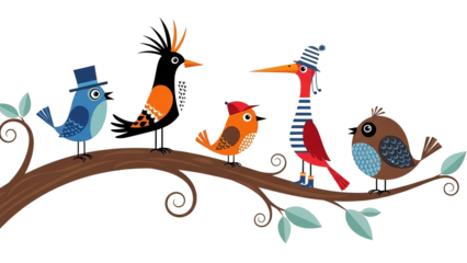 Whimsical Cartoon Birds On A Branch With Hats And Scarves
