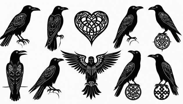 Various black raven silhouettes shown. Celtic heart, circle symbols visible. Raven figure with open wings present. Tattoo sketch, gothic style pattern art. Viking age culture concept for dark theme