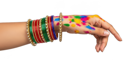 A hand adorned with colorful Holi paint and traditional Indian bangles isolated on transparent background