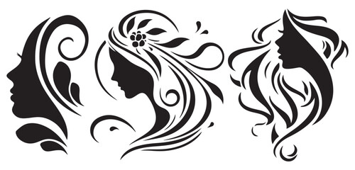 Elegant black and white silhouettes of women s faces with flowing hair