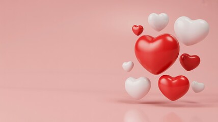 Multiple red and white hearts floating in air on pink background for love and valentines day concepts with romance