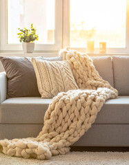 Cozy living room interior with chunky knit blanket on a fabric sofa in warm morning light