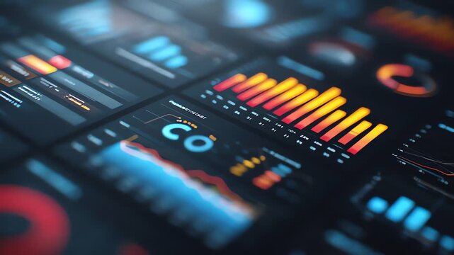 Close-up shot of colorful business data visualizations on a digital dashboard with a shallow depth of field, conveying a professional and analytical mood.