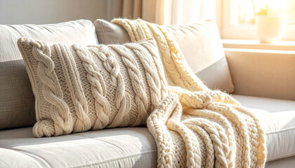 Cozy living room interior with chunky knit blanket on a fabric sofa in warm morning light