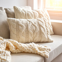 Cozy living room interior with chunky knit blanket on a fabric sofa in warm morning light