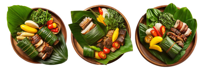 Mumu Pit-baked pork, taro, banana, and vegetables in banana leaves on wooden plate isolated on white background