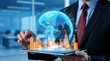 Businessman displays holographic globe and city on a tablet in a modern office environment. - Powered by Adobe