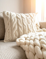 Cozy living room interior with chunky knit blanket on a fabric sofa in warm morning light