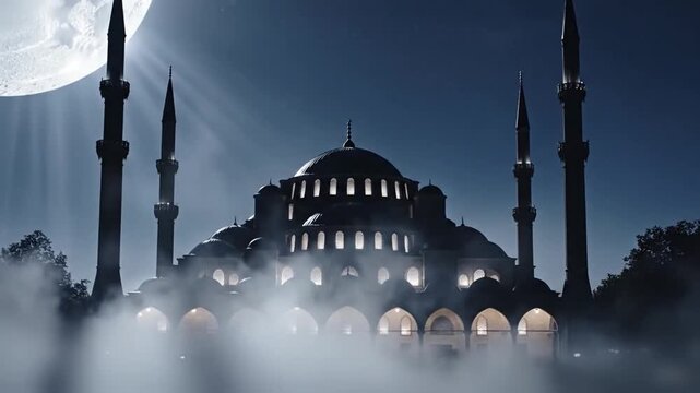 a refined ramadan tableau shows a glowing crescent moon suspended above a modern minimalist mosque subtle atmospheric haze