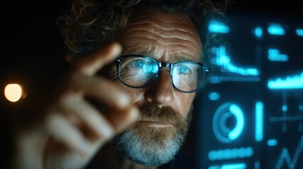 Medium shot of a financial expert presenting frontier market data on a digital screen emphasizing highrisk highreward opportunities.