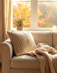 Cozy living room interior with chunky knit blanket on a fabric sofa in warm morning light