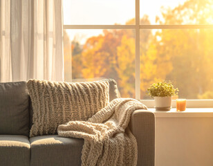 Cozy living room interior with chunky knit blanket on a fabric sofa in warm morning light