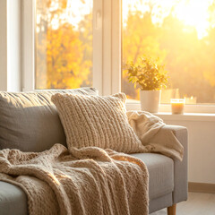 Cozy living room interior with chunky knit blanket on a fabric sofa in warm morning light