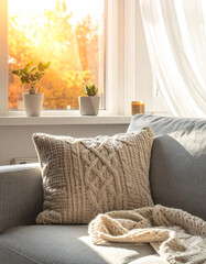 Cozy living room interior with chunky knit blanket on a fabric sofa in warm morning light