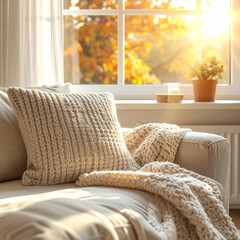 Cozy living room interior with chunky knit blanket on a fabric sofa in warm morning light