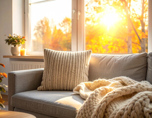 Cozy living room interior with chunky knit blanket on a fabric sofa in warm morning light